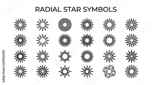 Bild auf Leinwand Geometric radial star and sunburst decorative symbol set.