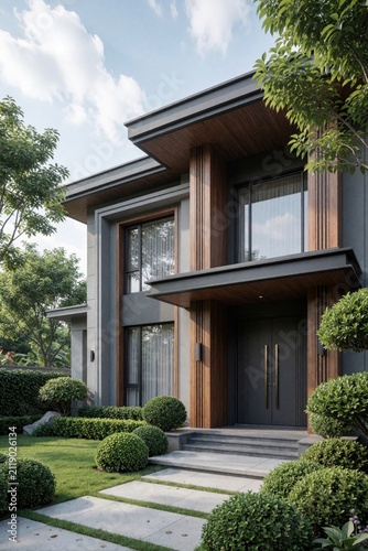 Modern house facade with wood accents and rich garden landscaping. Contemporary architecture features grey walls and large windows. Stone pathway leads to entrance.