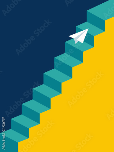 Conceptual illustration of progress and aspiration symbolized by a paper airplane ascending a vibrant staircase
