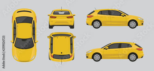 Yellow Hatchback Car Illustrated from Top, Side, Front, and Rear Views on Grey Background
