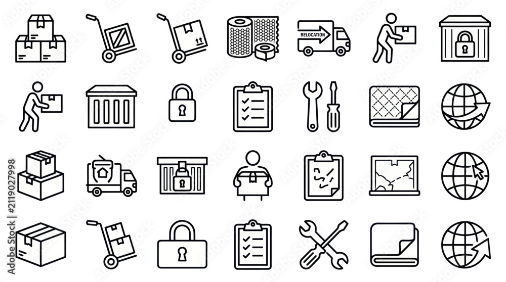 Fototapeta premium Logistics shipping and warehouse management line icons