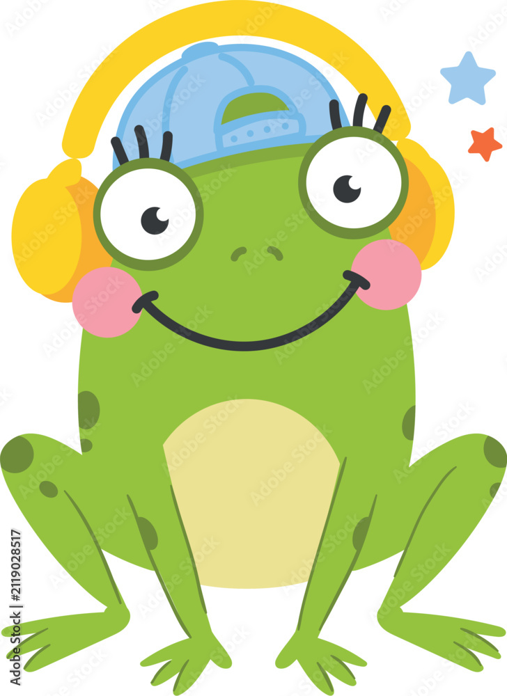 Fototapeta premium Cute cartoon frog sitting and smiling while wearing large yellow headphones. The cheerful green frog has big expressive eyes, pink cheeks, a friendly smile, and a light yellow belly. Colorful stars fl