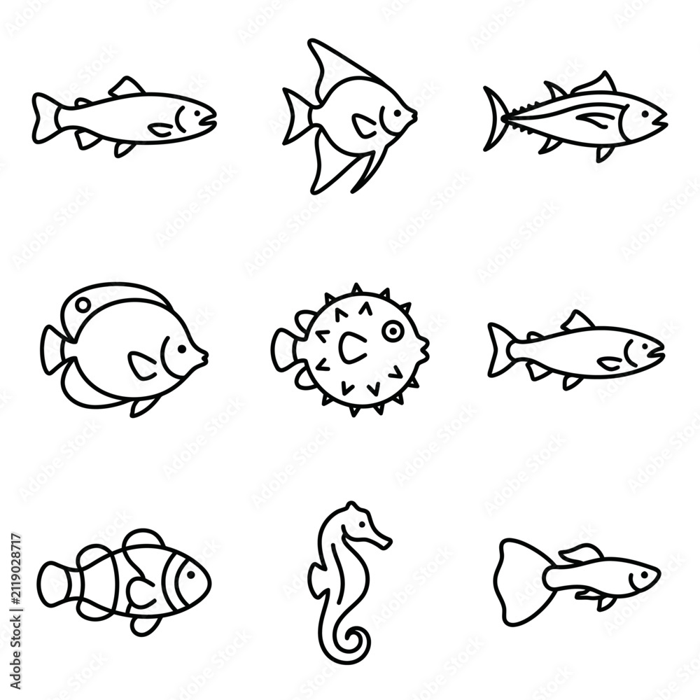 Obraz premium Fish and marine life species icons.