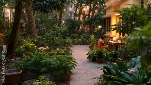 A person sits at a wooden table surrounded by lush greenery and potted plants under warm evening light