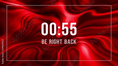 1 minute countdown timer with be right back text on red liquid marble background. Perfect for live streaming overlays, twitch screens, online events, break screens, and promotional video openers.