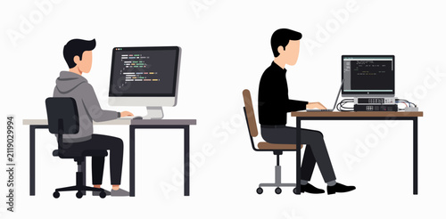 Two programmers collaborating on coding projects at separate desks