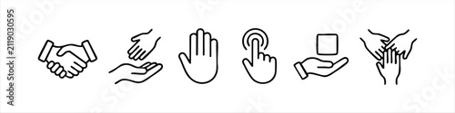 A professional set of linear hand icons representing business collaboration, support, digital interaction, logistics, and teamwork. Ideal for UI design, web, and corporate presentations.