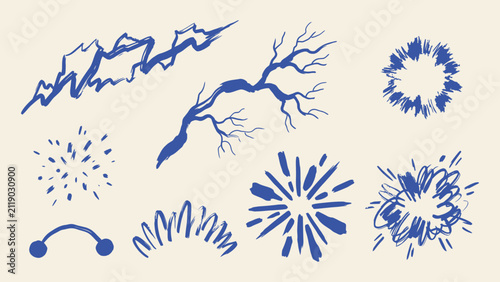 Blue hand drawn brush stroke elements with lightning starburst branch and scribble shapes vector set for graphic design