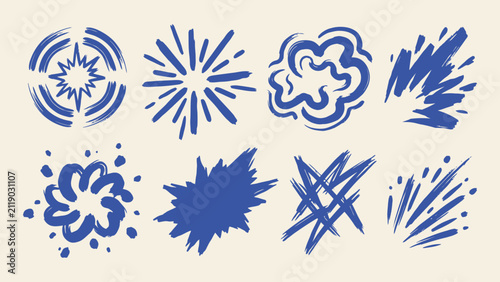 Blue hand drawn explosion and burst vector icons set with brush stroke texture for comic and pop art design