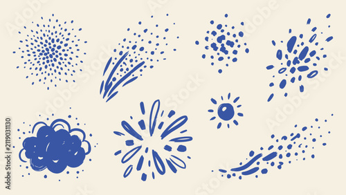 Hand drawn vector doodle set of blue fireworks sparkles sun and cloud elements for festive design