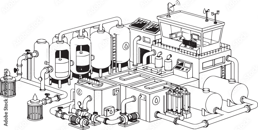 Obraz premium Industrial water treatment plant isometric vector illustration with filtration tanks, pumps, pipelines, control building, purification system, engineering infrastructure design