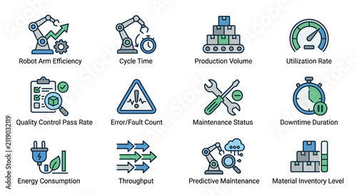 Clean Illustrated Icons of Key Manufacturing Robot Metrics with Colorful Visuals and Labels with high quality professional line art symbols for modern creative design and digital branding projects