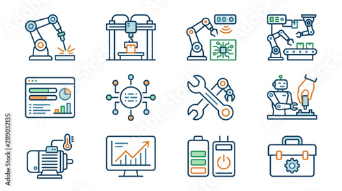 Modern Illustrated Icons of Industrial Automation Robotics and Smart Technology in Blue Orange and Green