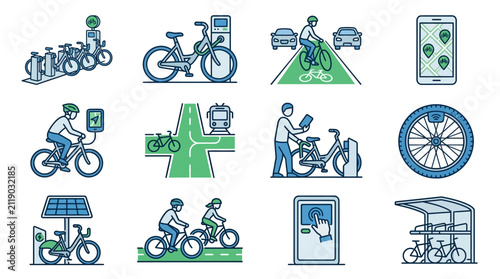 Professional Illustrated Guide to Smart Urban Biking Infrastructure and Technology Solutions with high quality professional line art symbols for modern creative design and digital branding projects