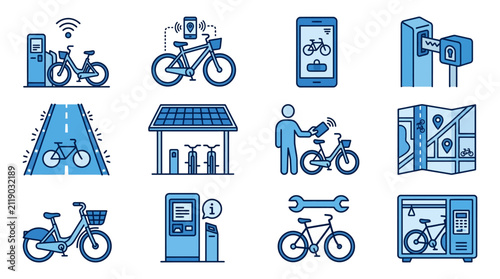 Clean Modern Flat Icons Set of Smart Bike Sharing System and Services in Blue Color Scheme with high quality professional line art symbols for modern creative design and digital branding projects