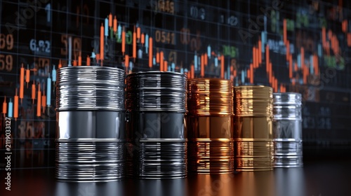 Oil barrels symbolizing the global energy market and crude oil prices, positioned in front of a digital display showing financial candlestick charts and real time stock data