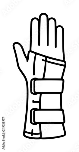 Obraz na plátně Black outline vector illustration of a raised human hand wearing a wrist brace w