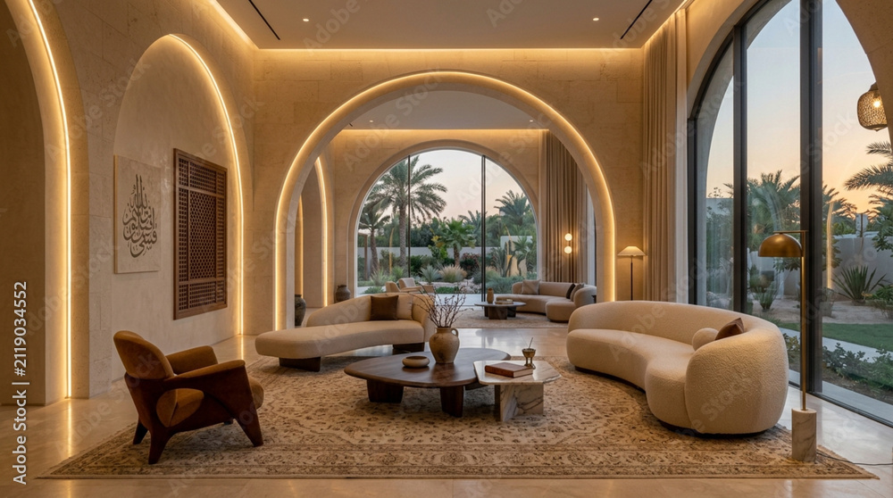 Fototapeta premium Luxurious modern living room with arched doorways, neutral tones, and large windows overlooking garden.
