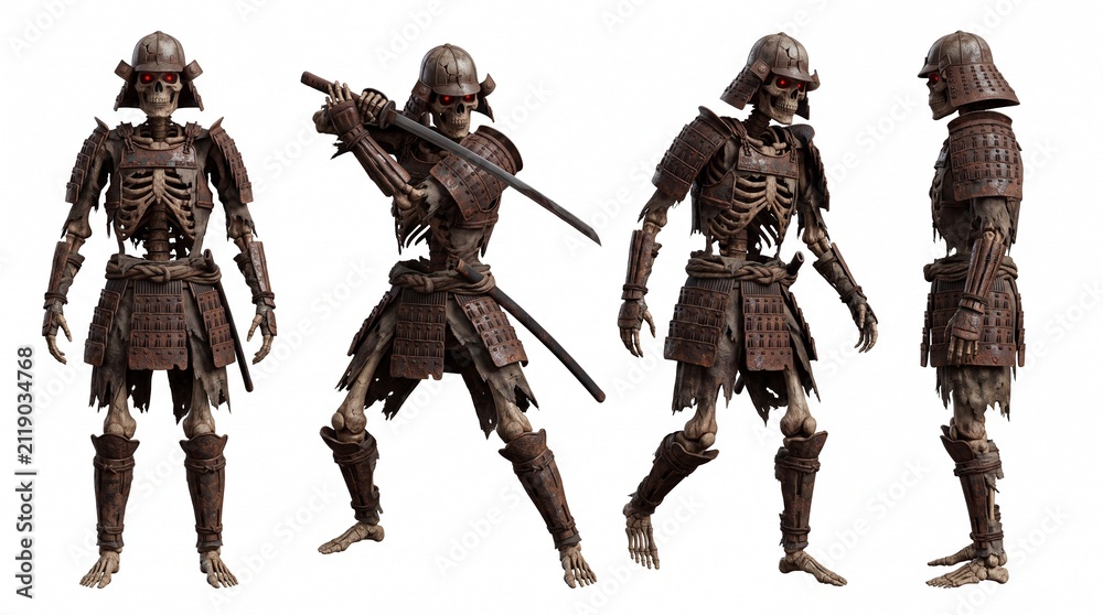 Fototapeta premium Fearsome undead samurai skeleton warrior in rusty armor with glowing red eyes, wielding a katana. Multiple dynamic poses for fantasy/horror themes.