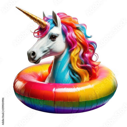 Cute unicorn head inside a colorful rainbow swimming pool float for summer vacation and fun water activities isolated on transparent background