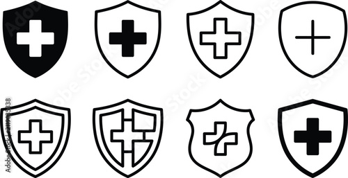 Medical shield with cross icon set for health protection and immunity