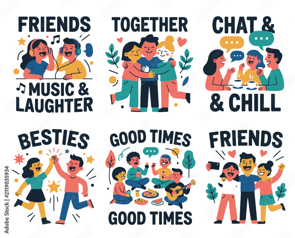 Fototapeta premium Friendship Vector Illustrations of Friends Enjoying Music Laughter Chat and Togetherness