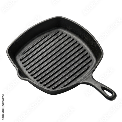 Cast iron grill pan with ribbed surface.