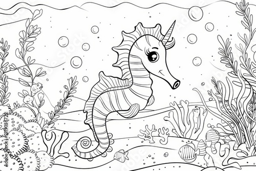 Cute seahorse in the sea with a coral, kids coloring page with bold outlines