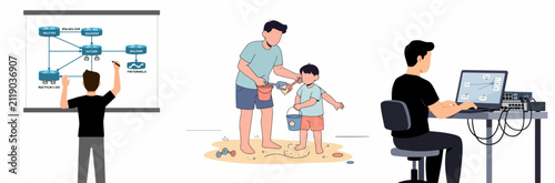 Family teaching kids about network security and remote work setup