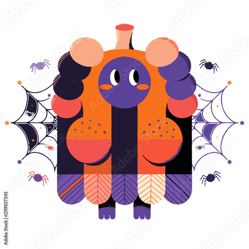 Cute Halloween Monster Character Illustration with Spiderwebs