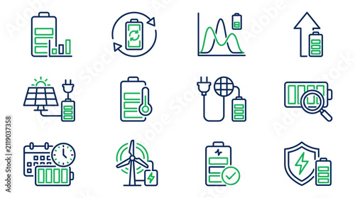 Clean Minimalist Icons of Energy Storage and Renewable Power Systems with Green and Blue Accents
