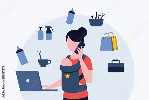 Busy mother multitasking by carrying her baby in a carrier while working on a laptop and talking on the phone.