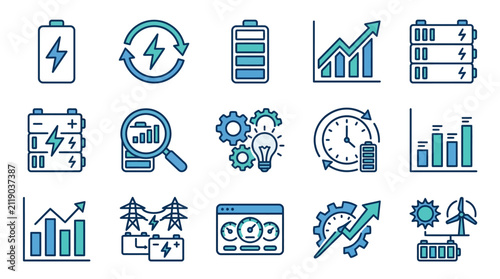 Industrial Energy Storage and Efficiency Icons Set Blue and White Line Art Illustrations of Batteries Renewables and Analytics