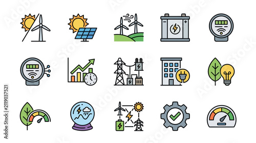 Creative Set of 15 Colorful Flat Line Icons Representing Renewable Energy Smart Grid Sustainability and Eco Friendly Concepts