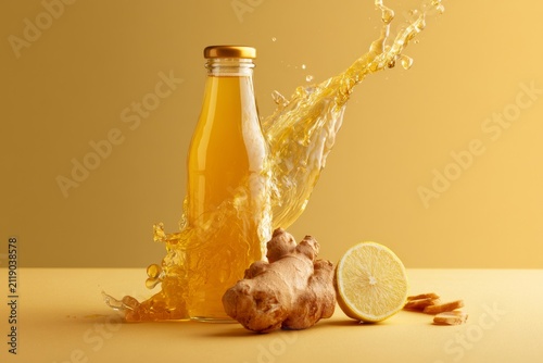 Ginger juice with lemon splashes from the bottle on a yellow surface