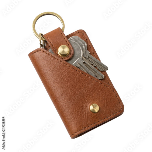 Brown leather key organizer case with metal keys.