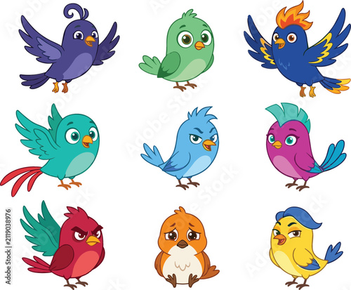 Canvas Print Set of cute cartoon bird characters with different emotions funny colorful birds