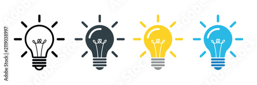 Light bulb icon set, idea, innovation and electric lamp symbols with glowing light, power and creativity concepts, clean vector illustration