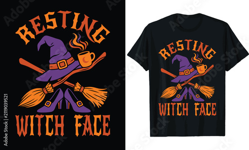 Resting Witch Face Halloween T-shirt Design, Funny Witch Hat with Coffee Mug, Broomstick, and Witch Shoes Illustration