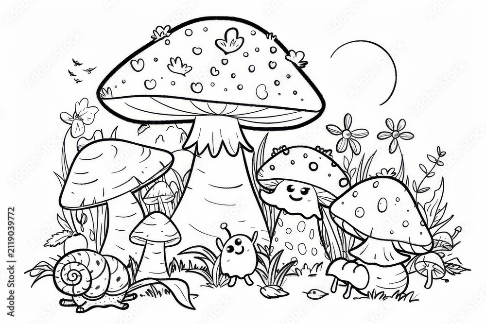 Fototapeta premium Group of cute mushrooms with snails, kids coloring page with bold outlines