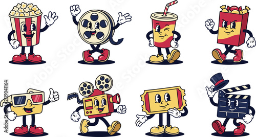 Fotografía Cute Movie Theater Character Mascot Collection with Popcorn, Camera, Film Ticket