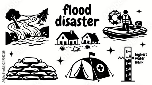 Fotografie flood disaster elements featuring overflowing rivers submerged houses rescue boa