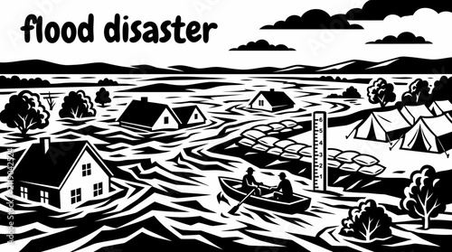 Obraz na płótnie flood disaster elements featuring overflowing rivers submerged houses rescue boa