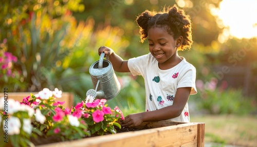 Young Girl Watering Flowers in Garden.