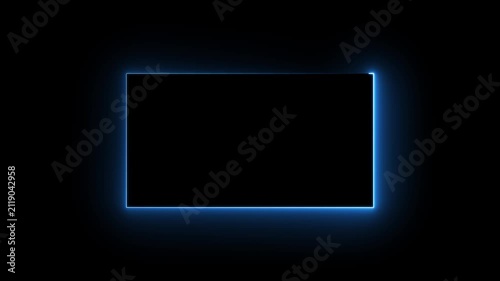 Intense blue neon rectangular frame with a strong glow and light diffusion against a dark black backdrop Keywords: blue neon, rectangular frame, glowing, light.