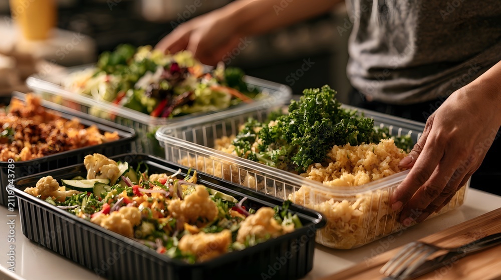 Obraz premium Hands arranging colorful healthy meals in clear plastic containers on a kitchen counter for meal prep