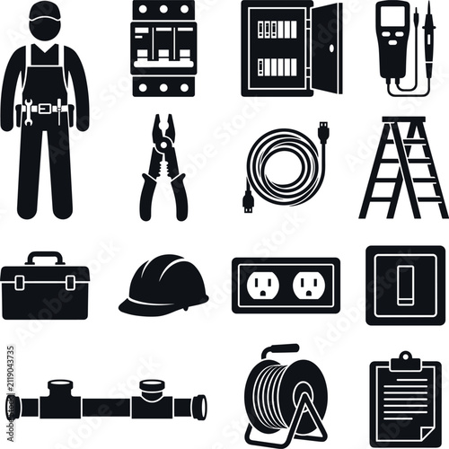 Electrical Services and Electrician Maintenance Equipment Tools Glyph Icon Set for Construction ProjectsElectrical Services and Electrician Maintenance Equipment Glyph Icon Set for 