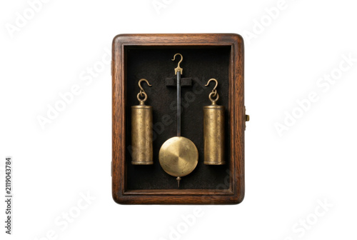 Vintage brass clock pendulum and weights in wooden box