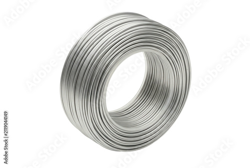 Coil of galvanized steel wire on black background.
