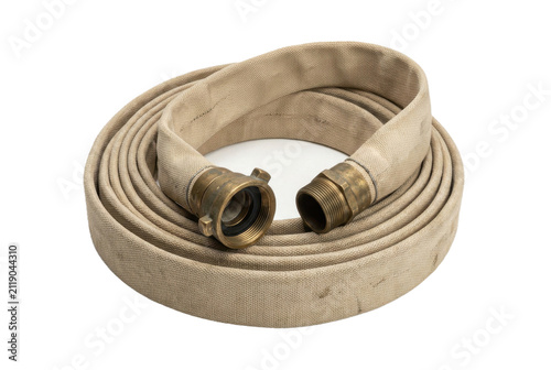 Принти на полотні Coiled canvas fire hose with brass couplings on black.
